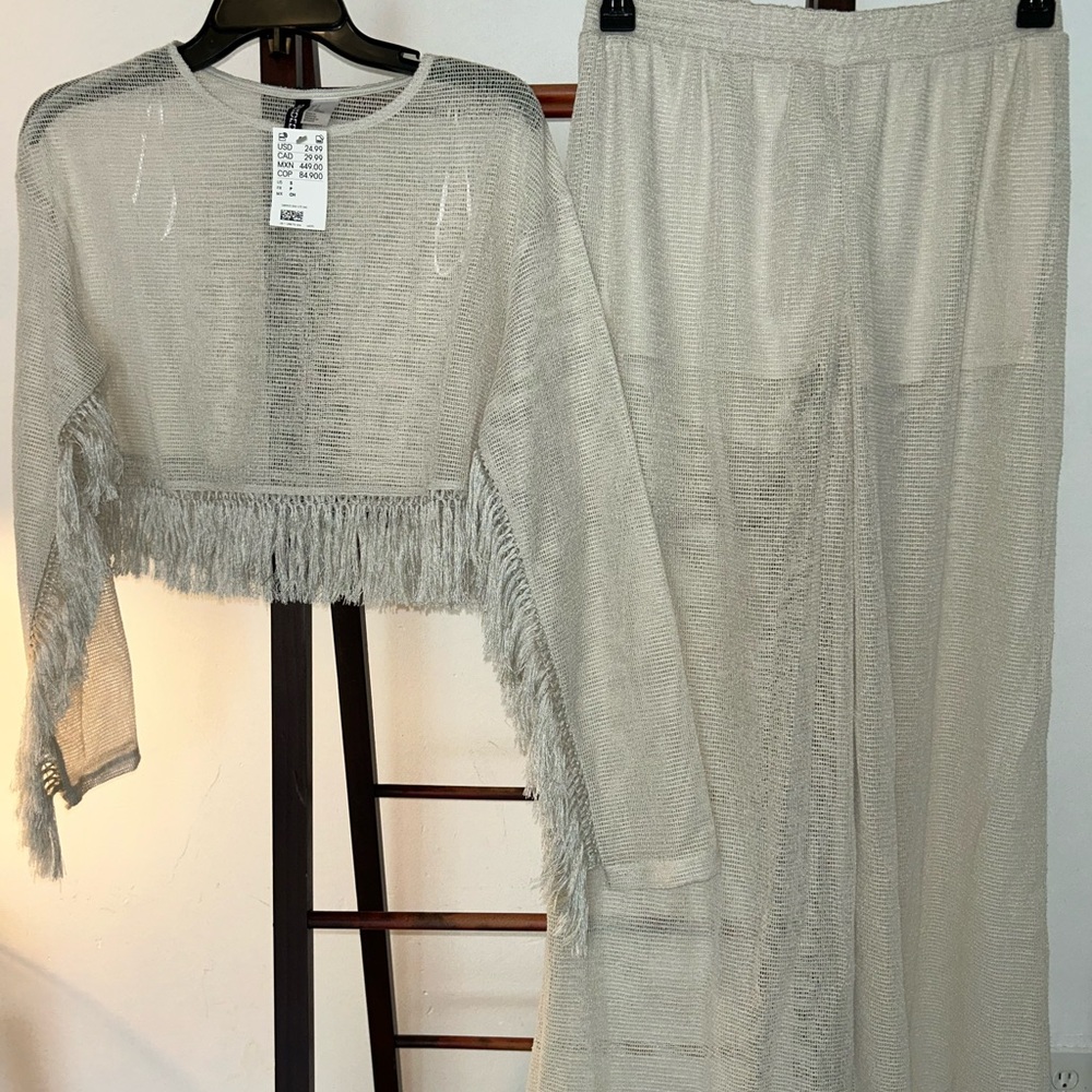 Fringed Sheer Two-Piece Set in Cream